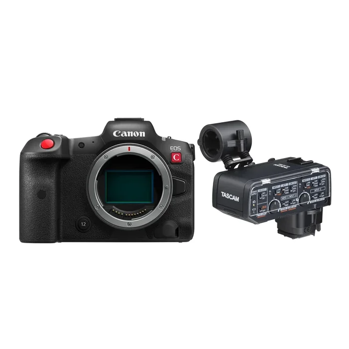 Canon EOS R5 C mit Tascam CA-XLR2d-C XLR-Mikrofonadapter
