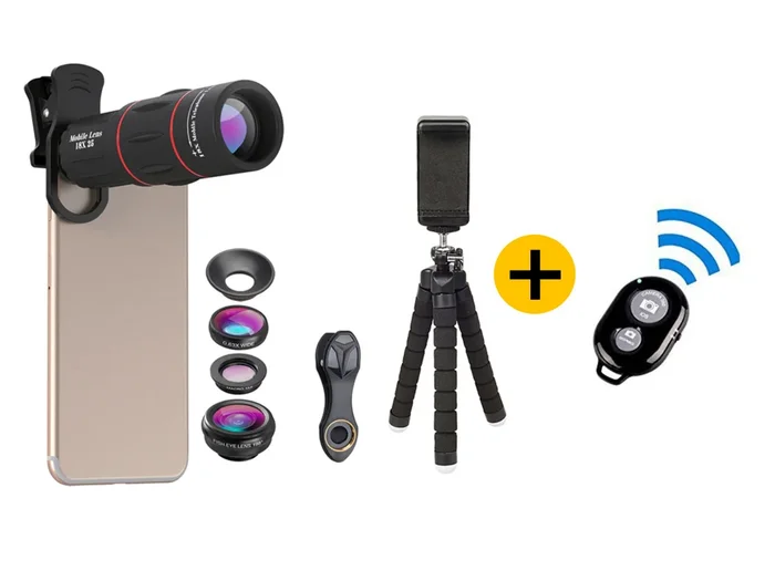 Professionelles Set Smartphone-Objektive 5 in 1 (18-fach Teleobjektiv und Stativ) Bluetooth spoušť jako dárek od FILM-TECHNIKA